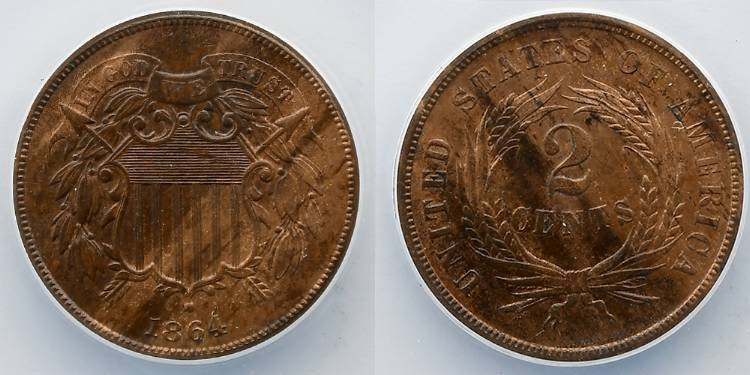 1864 2 Cent Large Motto, ANACS 62 BN. Nice wood grain toning. ANACS # 7170442.