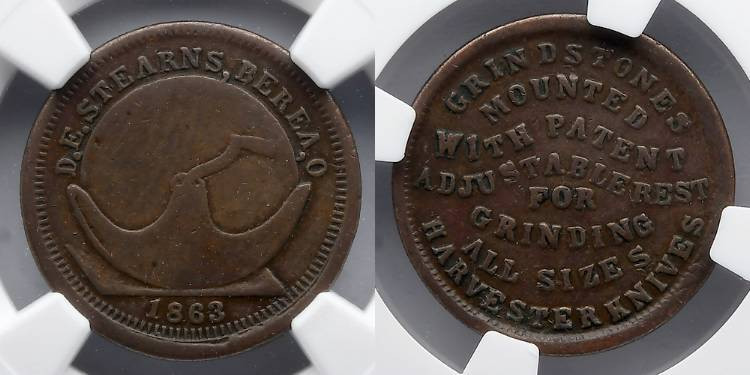 HARD TIMES TOKEN: 1863 Berea Ohio, D.E. Stearns,Grindstones, NGC XF 45 BN. NGC #...