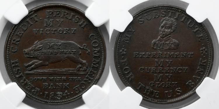 CIVIL WAR TOKEN: 1834 Running Boar, NGC MS 62 BN. HT9. NGC # 5910229-003.