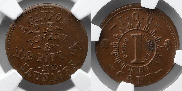 CIVIL WAR TOKEN: (1861-65) A. Gavron Sausage, NGC MS 63 BN. F 630AB-6a. NGC # 59...