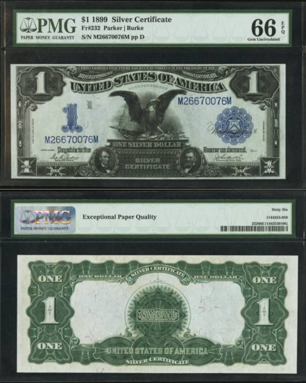 US CURRENCY: Fr. 232 $1 1899 Silver Certificate, PMG Gem Uncirculated 66 EPQ. A ...