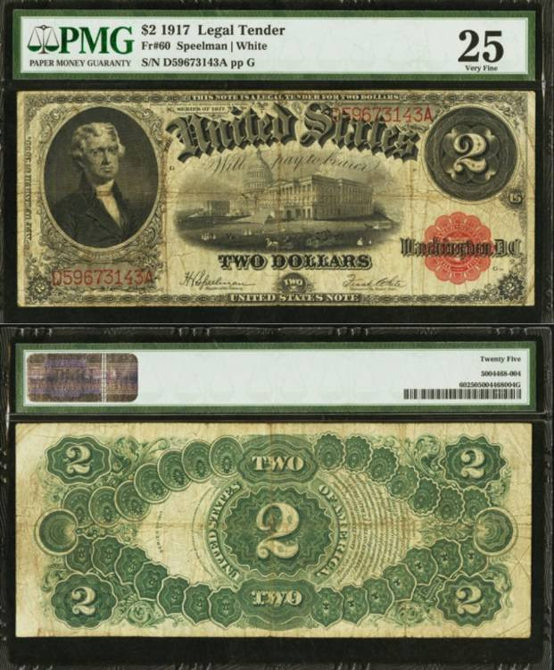 US CURRENCY: Fr. 60 $2 1917 Legal Tender PMG Very Fine 25. The design elements r...