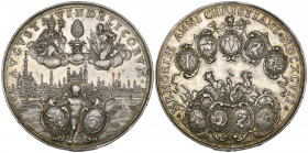 Augsburg, Ratsmedal, 1697, in silver, by P.H. Müller, Genius holding two shields, SS Ulrich and Afra above, city pyr between, city view below, rev., t...