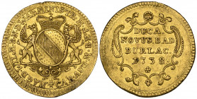 Germany, Baden-Durlach, Karl August and Magdalene Wilhemina (1738-45), ducat, 1738, 3.47g (F. 138), with a test-mark and a little buckled, very fine ...