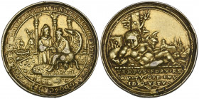 Bohemia, cast silver-gilt Memento Mori medal by Wolf Milicz, circa 1540, Solomon and Croesus seated in hall, rev., Putti reclining, city view in backg...