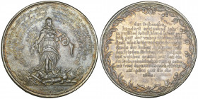 Bremen, City, Peace of Münster and Osnabrück, 1649, silver medal, by Johann Blum, Pax standing holding olive branch and blowing horn, rev., twelve-lin...