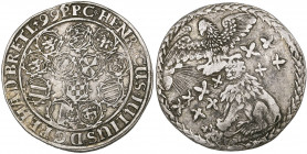 Brunswick-Wolfenbüttel, Heinrich Julius, “Wasptaler, 1599 Goslar, central three arms, nine around, rev., eagle above seated lion, wasps swarming aroun...