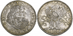 Brunswick-Wolfenbüttel, Rudolf August and Anton Ulrich, reichstaler, 1693 Goslar, conjoined busts right, rev. trophy of arms, 28.96g (Welter 2066; Fia...