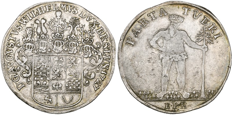 Brunswick-Wolfenbüttel, August Wilhelm, reichstaler, 1727, Zellerfeld, helmeted ...