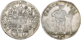 Brunswick-Wolfenbüttel, August Wilhelm, reichstaler, 1727, Zellerfeld, helmeted arms, rev., wild man holding tree stump, 29.17g (Welter 2376; Fiala 6,...
