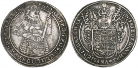 Brunswick-Lüneburg-Celle, Friedrich von Celle, reichstaler, undated (1643-48), Zellerfeld, half-length figure right holding marshal’s baton, rev., hel...