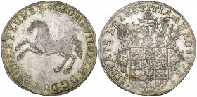 Brunswick-Lüneburg-Celle, George Wilhelm (1665-1705), reichstaler, 1673, Celle, mintmaster Rudolf Dornstrauch, prancing horse, rev., helmeted arms, 28...