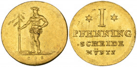 Germany, Brunswick-Calenburg-Hannover, George II (1727-60), 1 pfenning struck in gold, type 2, undated, Clausthal, Wildman holding tree with branches ...