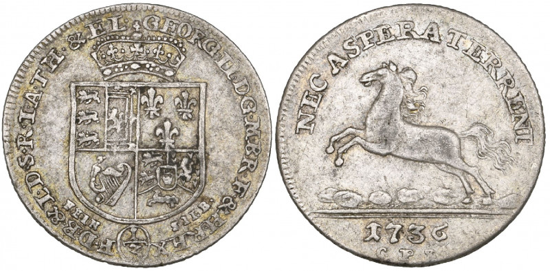Brunswick-Calenburg-Hannover, George II, third-taler, 1736 Clausthal, quartered ...