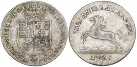 Brunswick-Calenburg-Hannover, George II, third-taler, 1736 Clausthal, quartered arms, rev., prancing horse, 6.53g (Welter 2601; Fiala 3810; Smith 152)...