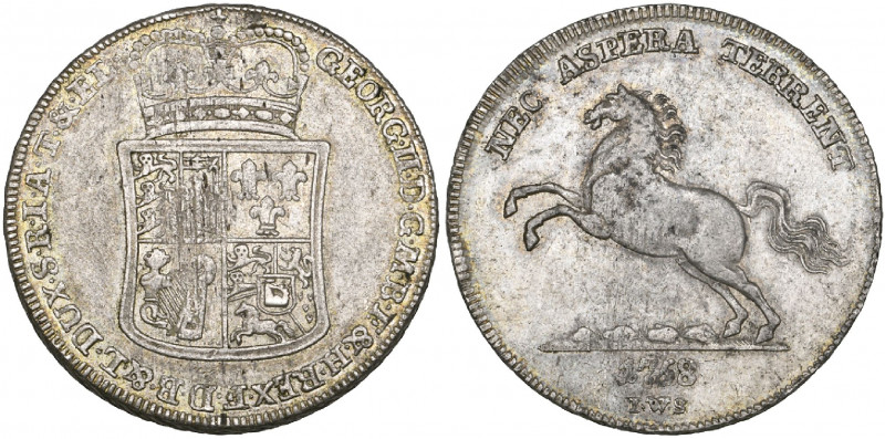Brunswick-Calenburg-Hannover, George II, reichstaler, 1758 Clausthal, crowned qu...