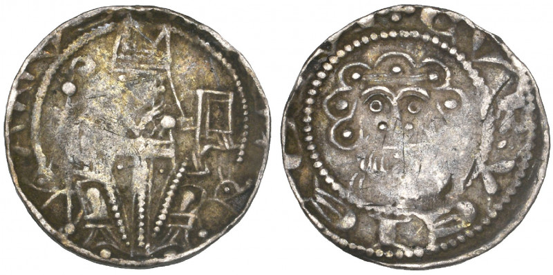 Corvey, Hermann I von Holte (1223-54), pfennig, Abbot seated with crozier and bo...