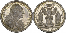 Frankfurt, Homage of the City to Karl VII, 1742, silver medal, by Peter Paul Werner, bust right, rev., Imperial eagle on pillar standing figures of Ch...