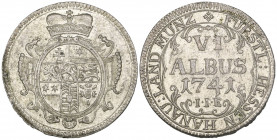 Hanau-Münzenberg, Wilhelm VIII von Hessen-Kassel (1736-60), 6 albus, 1741, crowned arms, rev., value, 4.51g (Schön 6), better than extremely fine, ver...