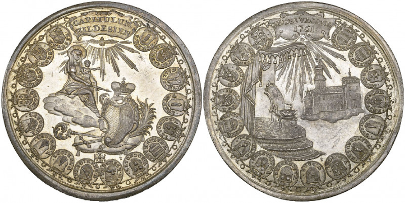 Hildesheim, Sede Vacante, 1761, silver medal by J. Théibaud, Augsburg, Madonna a...