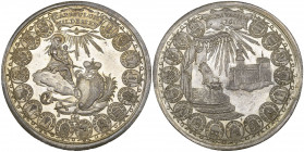 Hildesheim, Sede Vacante, 1761, silver medal by J. Théibaud, Augsburg, Madonna and Child pointing to Bishopric arms, shields around, rev., empty thron...