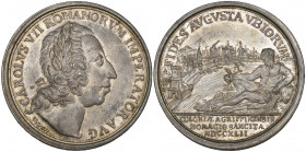 Köln, City, Homage to Karl VII, 1742, silver medal, by Peter Georg Wyon, bust right, rev., Rhine river god, river and city view in background, 46mm, 3...