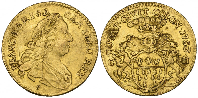 Germany, Köln, City, ducat, 1753, bust of Franz, 3.45g (F. 777; Noss 637), buckl...
