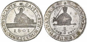 Münster, Sede Vacante, 1801, half-konventionstaler (two-thirds taler) Clausthal, half-length figure of St. Peter holding sword, rev., half-length figu...