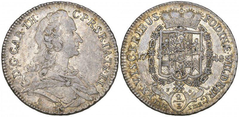 Pfalz, Karl Theodor (1743-99), two-thirds taler feinsilber, 1748 Mannheim, bust ...