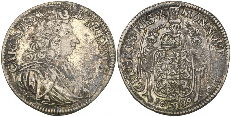 Pommern, Karl XI of Sweden (1660-97), two-thirds taler, 1689, bust right, rev., ...