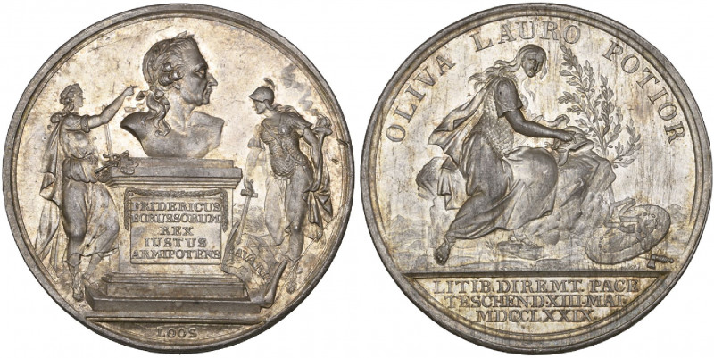 Prussia, Peace of Teschen, 1779, silver medal, by D. F. Loos, bust of Friedrich ...