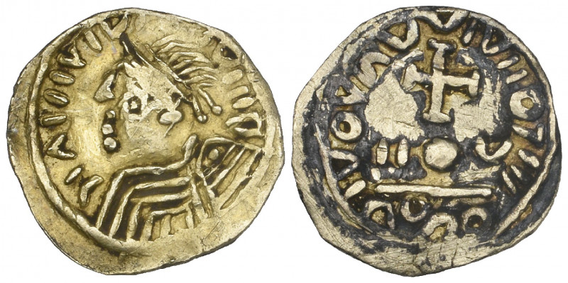 Merovingian, Frisia, anonymous base gold tremissis, 7th century, degraded bust l...