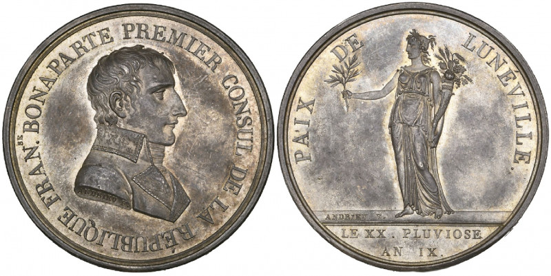 France, Peace of Luneville, 1802, silver medal, by Andrieu, bust of Napoleon Bon...