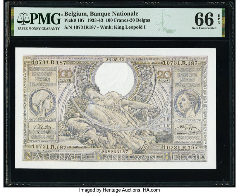 Belgium Banque Nationale de Belgique 100 Francs-20 Belgas 26.5.1943 Pick 107 PMG...