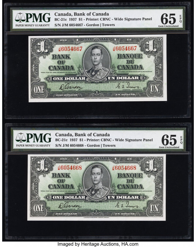 Canada Bank of Canada $1 2.1.1937 BC-21c Two Consecutive Examples PMG Gem Uncirc...