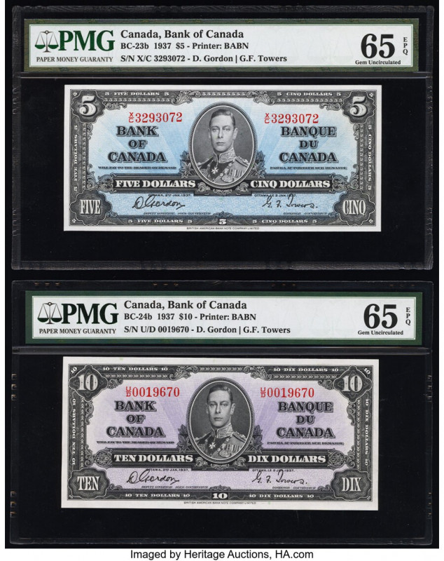 Canada Bank of Canada $5; 10 2.1.1937 BC-23b; BC-24b Two Examples PMG Gem Uncirc...