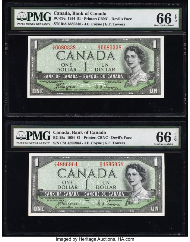 Canada Bank of Canada $1 1954 BC-29a "Devil's Face" Two Examples PMG Gem Uncircu...
