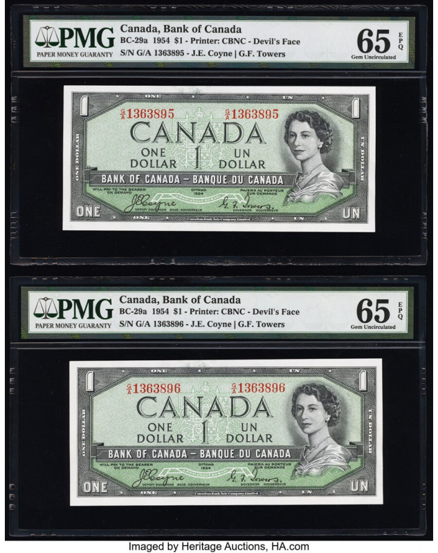 Canada Bank of Canada $1 1954 BC-29a "Devil's Face" Two Consecutive Examples PMG...
