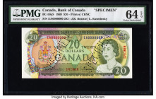 Canada Bank of Canada $20 1969 BC-50aS Specimen PMG Choice Uncirculated 64 EPQ. Red Specimen overprints and a perforated Specimen punch present on thi...