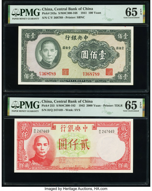 China Central Bank of China 100; 2000 Yuan 1941; 1942 Pick 243a; 253 Two Example...