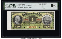 Costa Rica Republica de Costa Rica 1 Colon ND (1905-06) Pick 142s Specimen PMG Gem Uncirculated 66 EPQ. Red Specimen overprints and two POCs are prese...