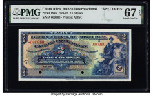 Costa Rica Banco Internacional de Costa Rica 2 Colones 1924-29 Pick 184s Specimen PMG Superb Gem Unc 67 EPQ. Red Specimen overprints and two POCs are ...
