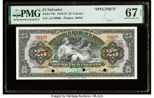 El Salvador Banco Central de Reserva de El Salvador 25 Colones 17.3.1954 Pick 79s Specimen PMG Superb Gem Unc 67 EPQ. Red Specimen overprints, printer...