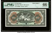 El Salvador Banco Central de Reserva de El Salvador 100 Colones 9.2.1937 Pick 80s Specimen PMG Gem Uncirculated 66 EPQ. Red Specimen overprints and th...