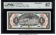 El Salvador Banco Central de Reserva de El Salvador 1 Colon 7.1.1947 Pick 83s Specimen PMG Superb Gem Unc 67 EPQ. Red Specimen overprints and three PO...