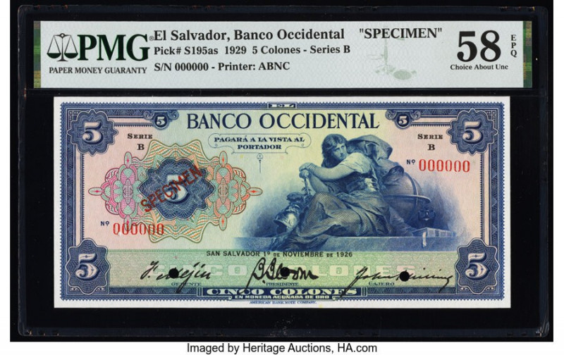El Salvador Banco Occidental 5 Colones 1.11.1926 Pick S195as Spceimen PMG Choice...