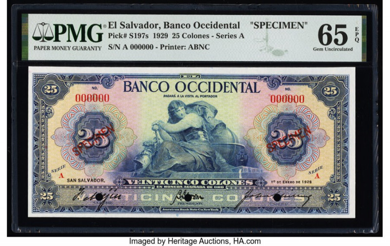 El Salvador Banco Occidental 25 Colones 1.1.1929 Pick S197s Specimen PMG Gem Unc...