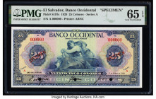 El Salvador Banco Occidental 25 Colones 1.1.1929 Pick S197s Specimen PMG Gem Uncirculated 65 EPQ. Red Specimen overprints and three POCs are present o...