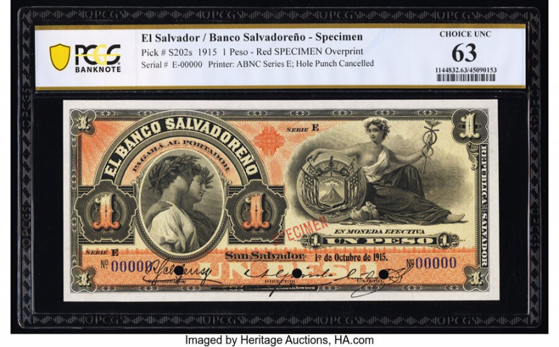 El Salvador Banco Salvadoreno 1 Peso 1.10.1915 Pick S202s Specimen PCGS Choice N...
