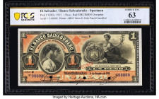 El Salvador Banco Salvadoreno 1 Peso 1.10.1915 Pick S202s Specimen PCGS Choice New 63. Red Specimen overprints and three POCs are present on this exam...